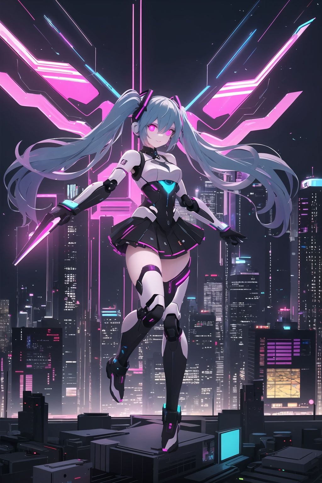 futuristic-style Hatsune Miku,cyberpunk elements,neon lights,holographic accessories,digital environment,advanced technology,robotic aesthetics,anime character,colorful hair,dynamic pose,urban backdrop,glowing eyes,virtual idol,high-tech fashion,immersive atmosphere,vibrant colors,future city skyline,cutting-edge design,stylish outfit,hologram effects,digital art,sci-fi elements,energetic vibe,youth culture,modern anime style,holographic display,illuminated cityscape,night scene,advanced gadgets,cool attitude,, masterpiece, best quality,