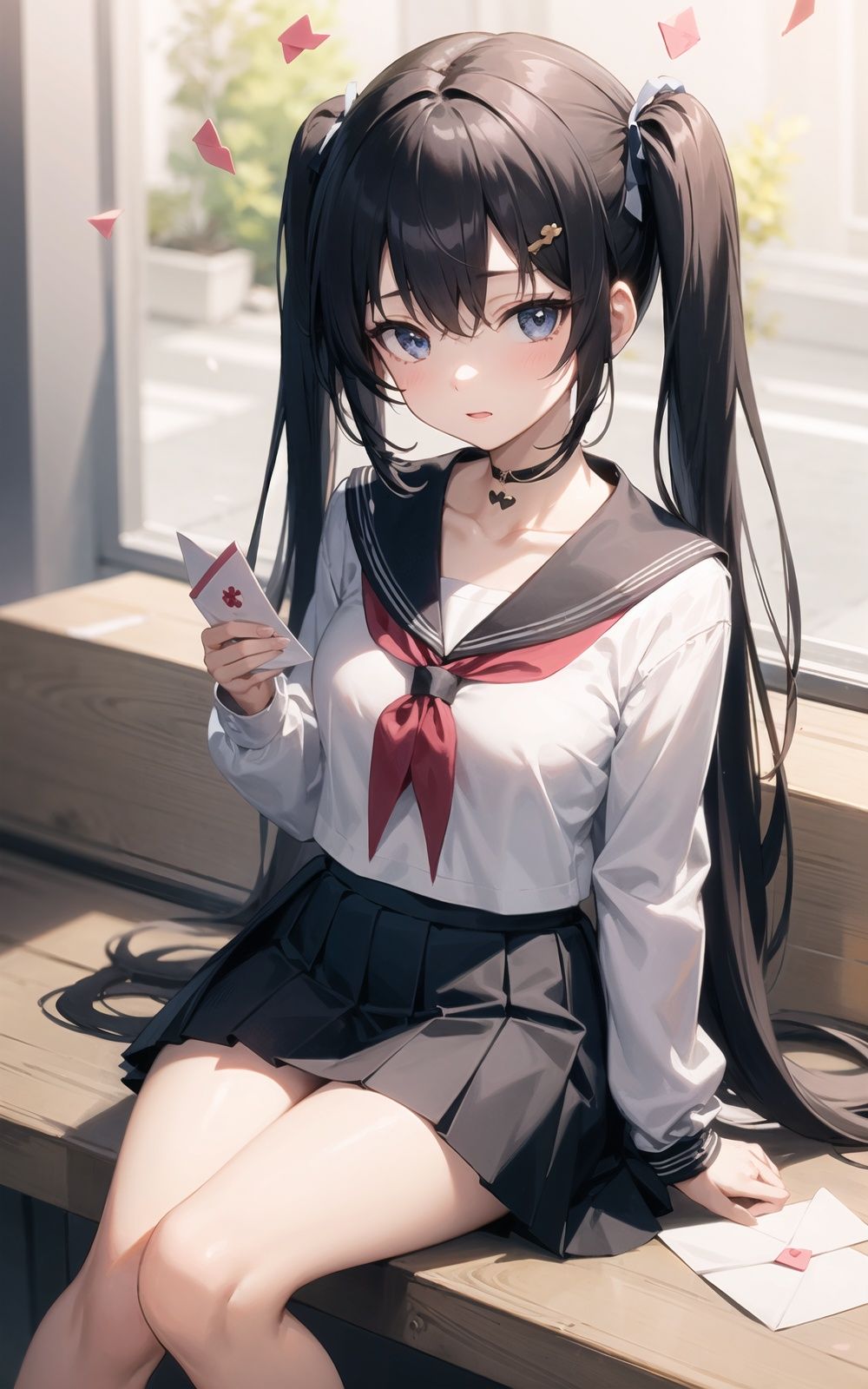 1girl, long_hair, letter, love_letter, envelope, petals, solo, skirt, holding, twintails, pleated_skirt, very_long_hair, sailor_collar, ribbon, looking_at_viewer, collarbone, heart