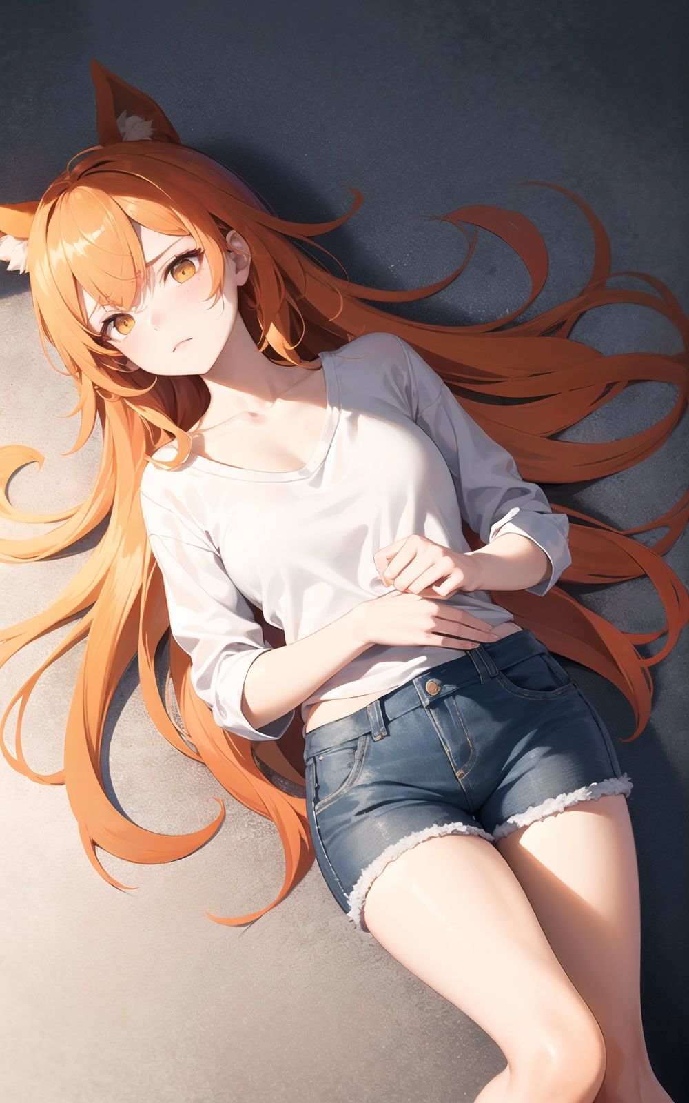 1girl, white skin, tall, petite, glamor, collarbone, disdain, disappointed, on back, leggings, white shirt, denim shorts, orange hair, colored inner hair, long hair, golden eyes, ground view up,Leg close-up