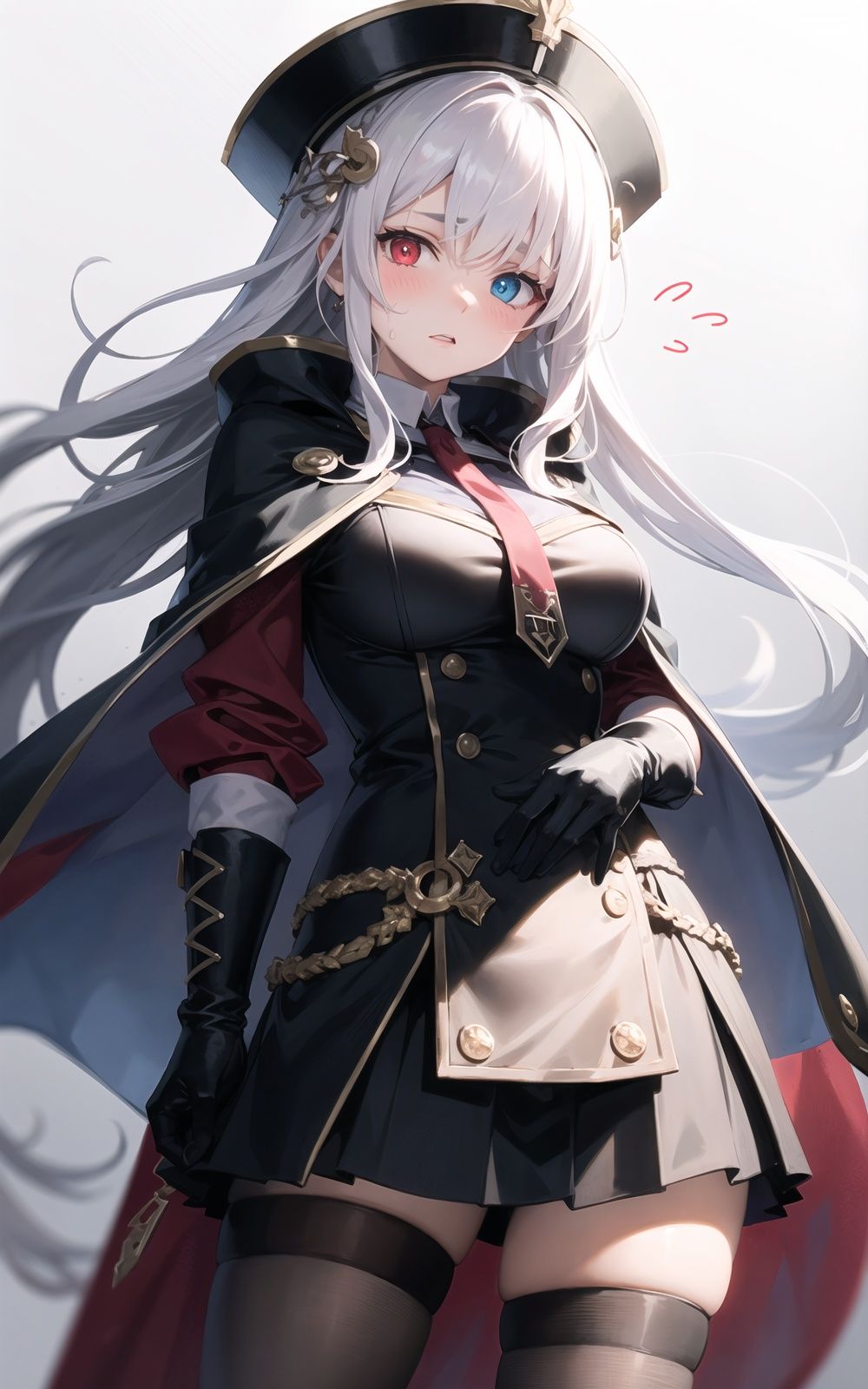 heterochromia, 1girl, hat, blue_eyes, gloves, breasts, thigh_strap, long_hair, red_eyes, very_long_hair, flying_sweatdrops, black_gloves, blush, cape, eyebrows_visible_through_hair, jacket, large_breasts, braid, solo, skirt, pantyhose, bangs, looking_at_viewer, hair_ornament