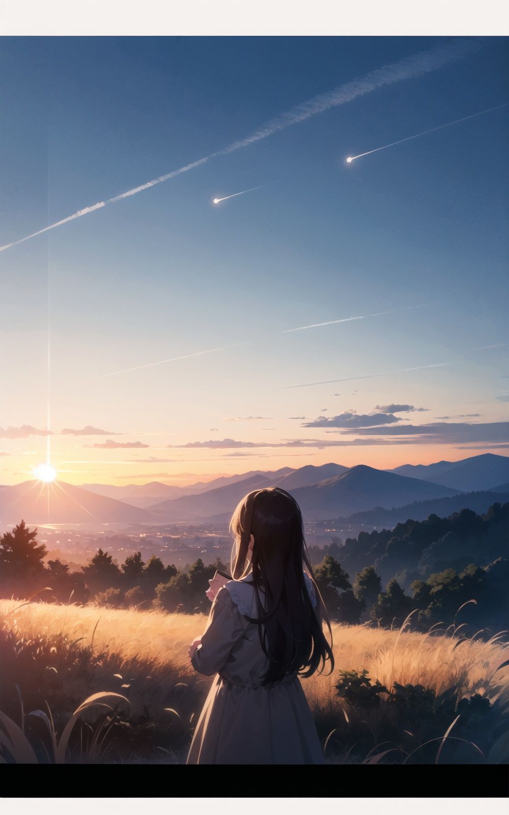 cloud, sky, cloudy_sky, sunset, blue_sky, twilight, star_\(sky\), horizon, outdoors, tree, gradient_sky, starry_sky, scenery, evening, mountainous_horizon, sunrise, letterboxed, 1girl, mountain, dusk, long_hair, shooting_star