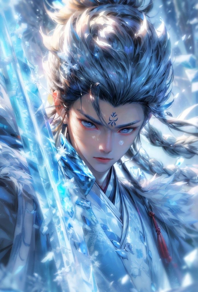 (tmasterpiece), (Best quality at best), Cinematic quality,Rendered by Octane,Ultra-detailed details,1 boy,Face of a young man,Facial detail portrayal,Perfect facial features,(ice crystals in the air:1.5),floating ice crystals,frozen liquid,Icicles,ice axe,staredown, watch audience, (Ancient Chinese Hanfu:1.2), (Armed with an ice sword:1.2),