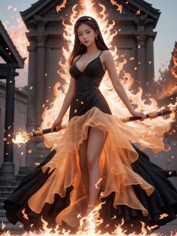 masterpiece, 1 girl, A sexy girl, Lovely, Long hair, Sister., Mini-short nun dress, Outdoor, Cleavage, Light and shadow, Asian girl, Glossy skin, Uncensored, Stand, Use dark magic., Fire magic, A burning church, A large number of fire elements, Particle special effect, Take the staff., textured skin, super detail, best quality