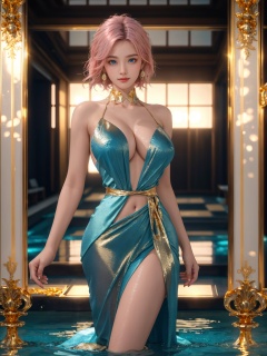  High quality, masterpiece, 1Girl, Earstuds, blue eyes,Earstuds, blue eyes, black hair, short hair,(luxurious gold lucency full dress: 1.5), navel exposed, thigh exposed, (supermodel pose),smile,(solo),（Different postures）,Pink hair,(Perfect hand lines),, 1 girl, , yeqinxian, (large_breast:1.3), landscape, partially submerged,wading, Nebula