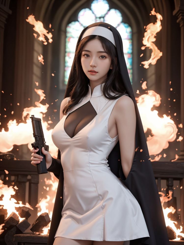 masterpiece,1 girl,A sexy girl,Lovely,Long hair,Sister.,Mini-short nun dress,Outdoor,Cleavage,Light and shadow,Asian girl,Glossy skin,Uncensored,Stand,Use dark magic.,Fire magic,A burning church,A large number of fire elements,Particle special effect,Pointed a gun at me in his hand,textured skin,super detail,best quality,