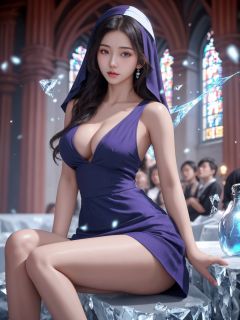 masterpiece, 1 girl, A sexy girl, Lovely, Long hair, Sister., Mini-short nun dress, Church, Cleavage, Light and shadow, Asian girl, Glossy skin, Uncensored, Station, Use dark magic., Ice magic, Blue magic alternates with purple magic., textured skin, super detail, best quality