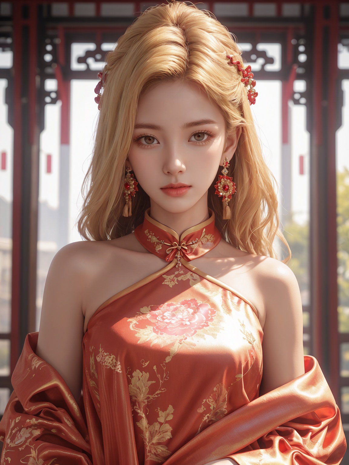  1 girl,****_female , (medium breasts:), upper body,(masterpiece, top quality, best quality, official art, beautiful and aesthetic), (1girl),extreme detailed eyes, (fractal art:1.3), highest detailed, (perfect face), shiny skin, HDR, galaxy, (light streaks), striking visuals,tutututu, see-through, (cheongsam), cheongsam, tutututu, girl,red earrings,red jewelry, 1 girl, blonde hair,1girl,