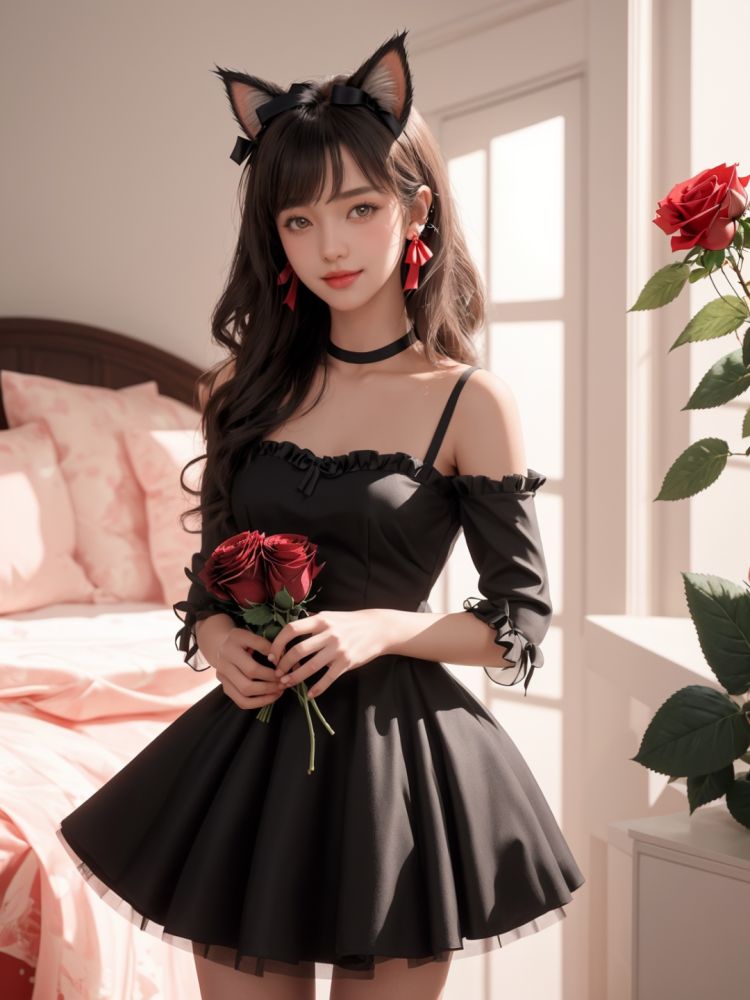 1girl,solo,long_hair,looking_at_viewer,smile,bangs,black_hair,dress,bow,ribbon,holding,animal_ears,brown_eyes,closed_mouth,standing,tail,flower,short_sleeves,hair_bow,frills,indoors,cat_ears,black_dress,cat_tail,animal_ear_fluff,head_tilt,grey_eyes,black_bow,rose,cat_girl,red_flower,red_rose,bouquet,holding_flower,tail_raised,holding_bouquet,black_flower,black_rose,