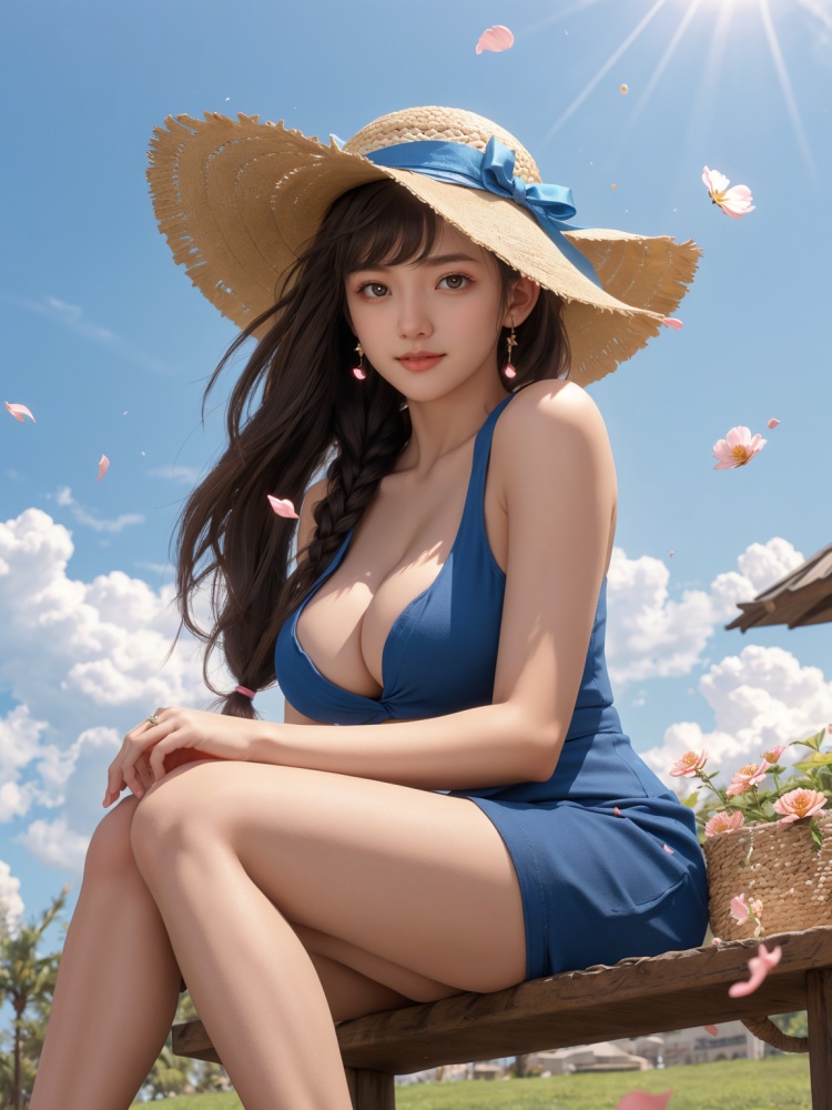 petals,1girl,hat,breasts,day,long_hair,smile,blue_sky,looking_at_viewer,sitting,sky,hat_flower,cloud,solo,thighs,hand_on_headwear,cleavage,bare_shoulders,red_eyes,outdoors,straw_hat,very_long_hair,twintails,bangs,flower,sleeveless,sidelocks,sun_hat,arm_support,falling_petals,