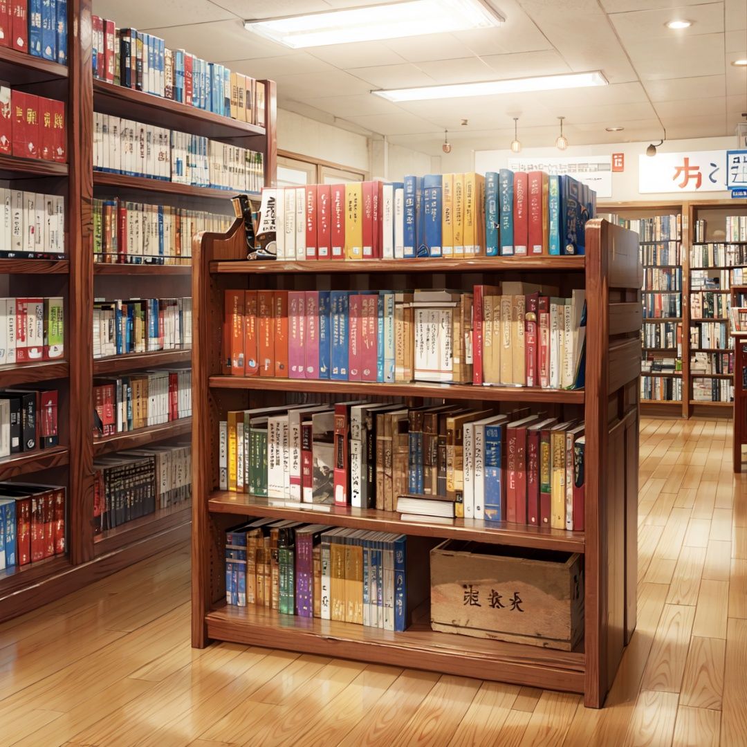 background, no humans, scenery, book, bookshelf, shelf, indoors, reflective floor, wooden floor, chinese text