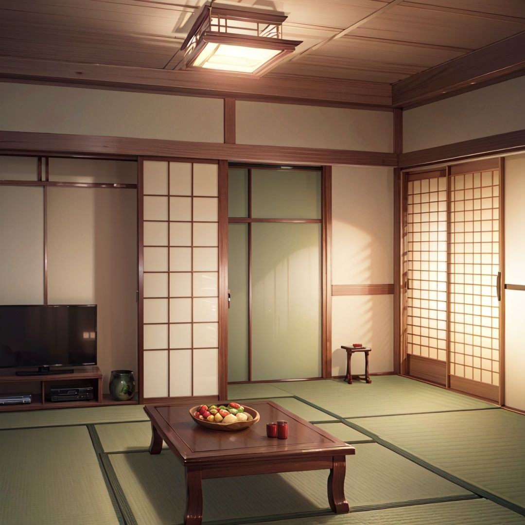 background, no humans, table, scenery, indoors, lamp, television, food, tatami, lantern, sliding doors, light, plate, ceiling light, door