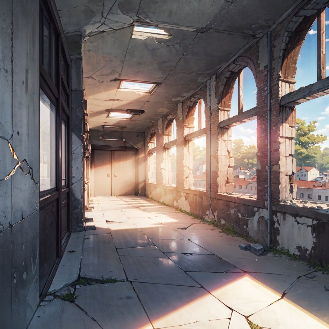 background, no humans, scenery, window, ruins, indoors, broken window, crack, door, broken glass, hallway