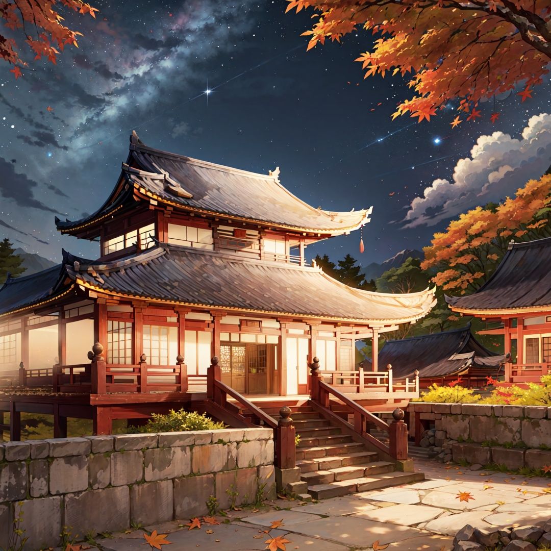 background, scenery, sky, no humans, star (sky), night, starry sky, outdoors, night sky, east asian architecture, autumn leaves, building, mountain, architecture, cloud, tree