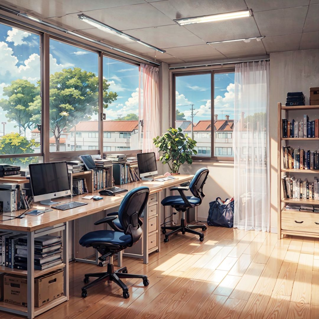 background, scenery, no humans, window, book, sky, chair, desk, cloud, curtains, globe, tree, day, computer, bookshelf, indoors, paper, shelf, sunlight, bag, blue sky, plant, wooden floor, office