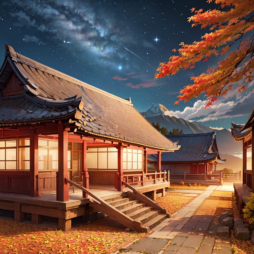 background, scenery, sky, no humans, star (sky), night, starry sky, outdoors, night sky, east asian architecture, autumn leaves, building, mountain, architecture, cloud, tree