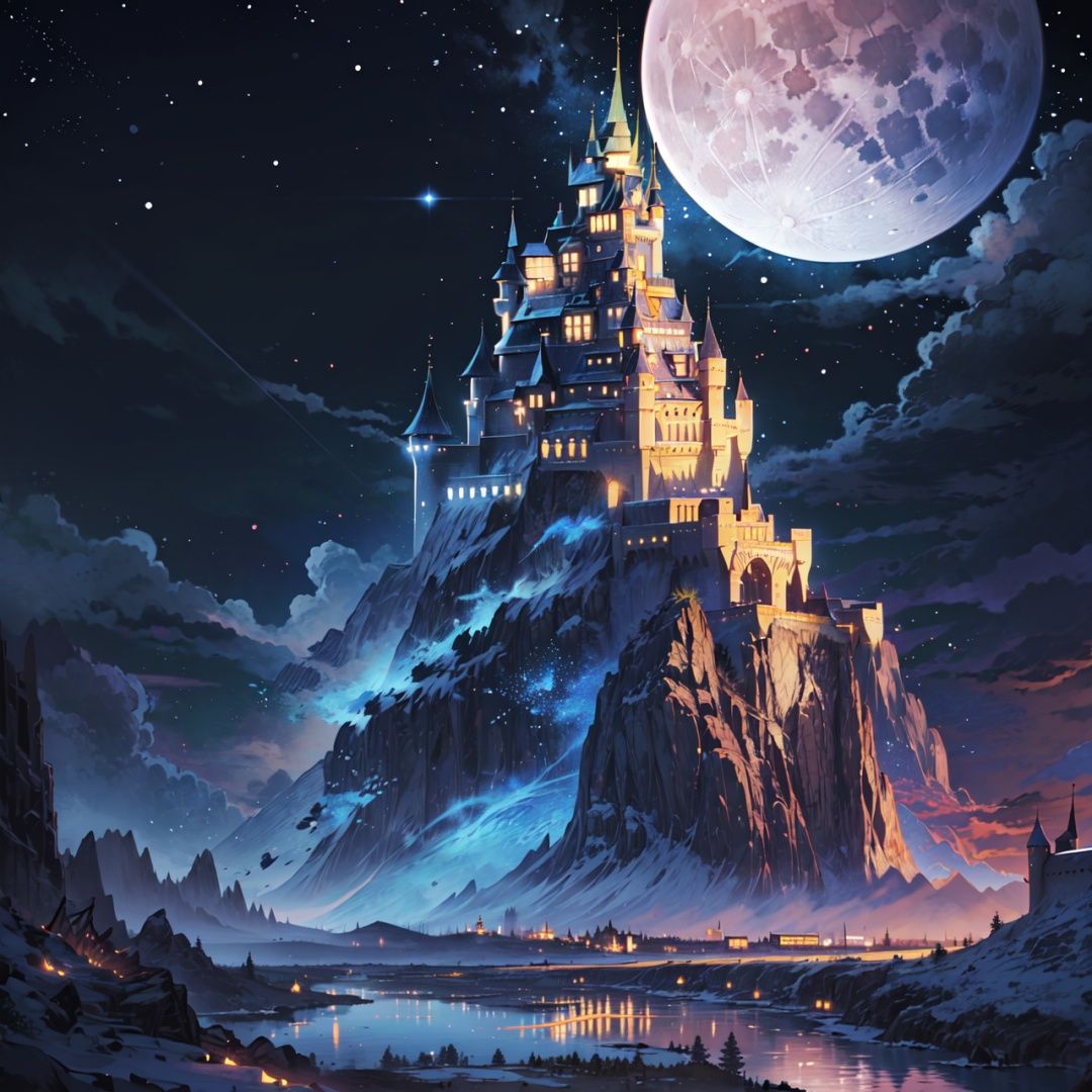 background, scenery, moon, no humans, sky, tree, fantasy, night, outdoors, star (sky), cloud, castle, night sky, full moon, building, starry sky, city, dragon, mountain, water