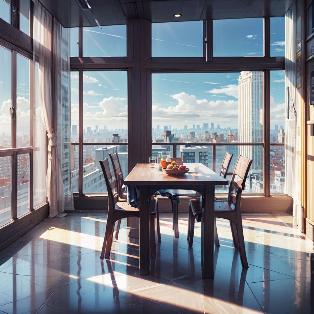 background, window, no humans, scenery, indoors, chair, cloud, building, sunlight, sky, cityscape, shadow, day, window shade, checkered floor, blue sky, skyscraper, city, table