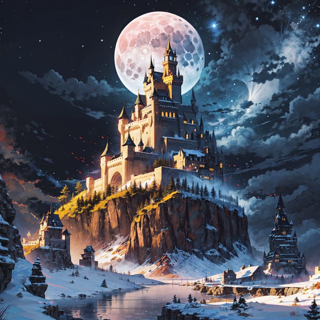 background, scenery, moon, no humans, sky, tree, fantasy, night, outdoors, star (sky), cloud, castle, night sky, full moon, building, starry sky, city, dragon, mountain, water