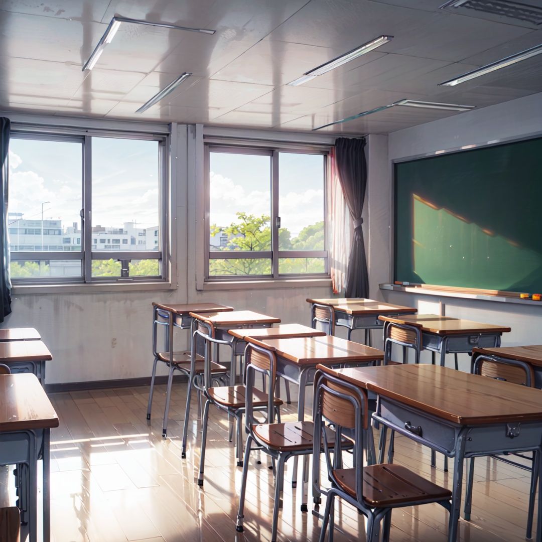 background, no humans, classroom, chalkboard, clock, desk, scenery, school, window, chair, indoors, curtains, wooden floor, school desk, book, ceiling light, school chair, sunlight, reflective floor