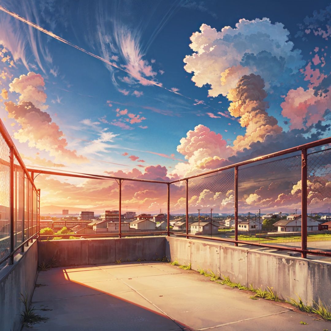 background, scenery, cloud, no humans, sky, outdoors, fence, sunset, grass, cloudy sky, railing, chain-link fence, sunlight