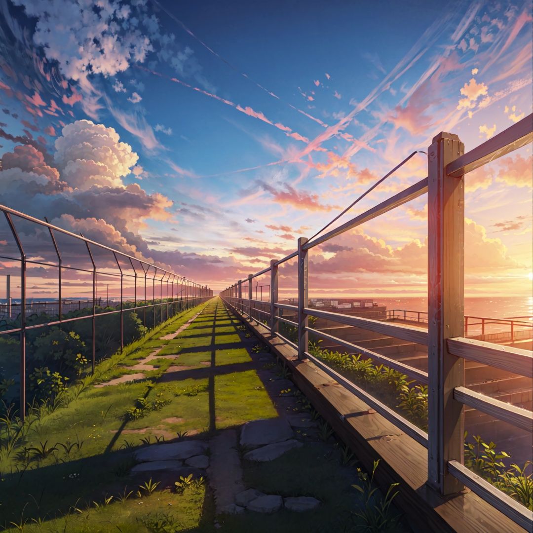 background, scenery, cloud, no humans, sky, outdoors, fence, sunset, grass, cloudy sky, railing, chain-link fence, sunlight