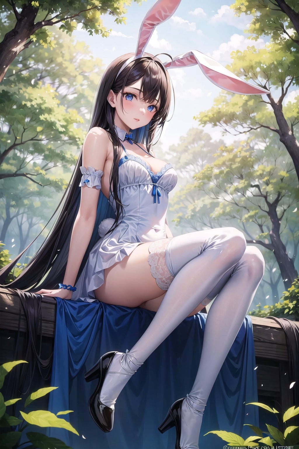 A cute girl with bunny ears,  wearing a lace dress and white thigh high stockings,  shoes on Tensor.Art