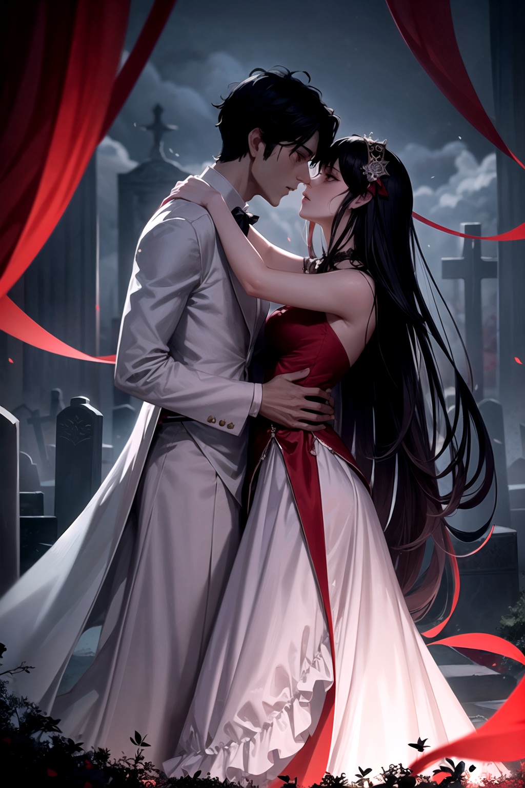a hauntingly beautiful scene of couple vampire queen and king kissing in a moonlit cemetery,  surrounded by red swirling m...