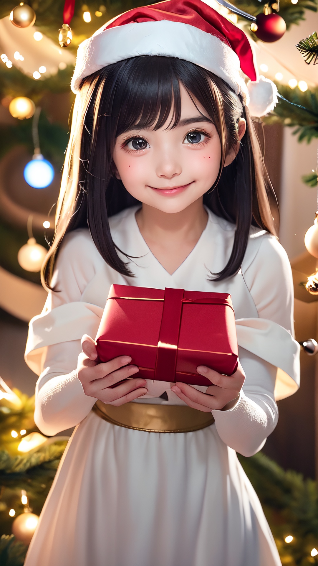 Embrace the festive spirit with this heartwarming prompt: "Illustrate a charming scene of a cute little girl adorned in a...