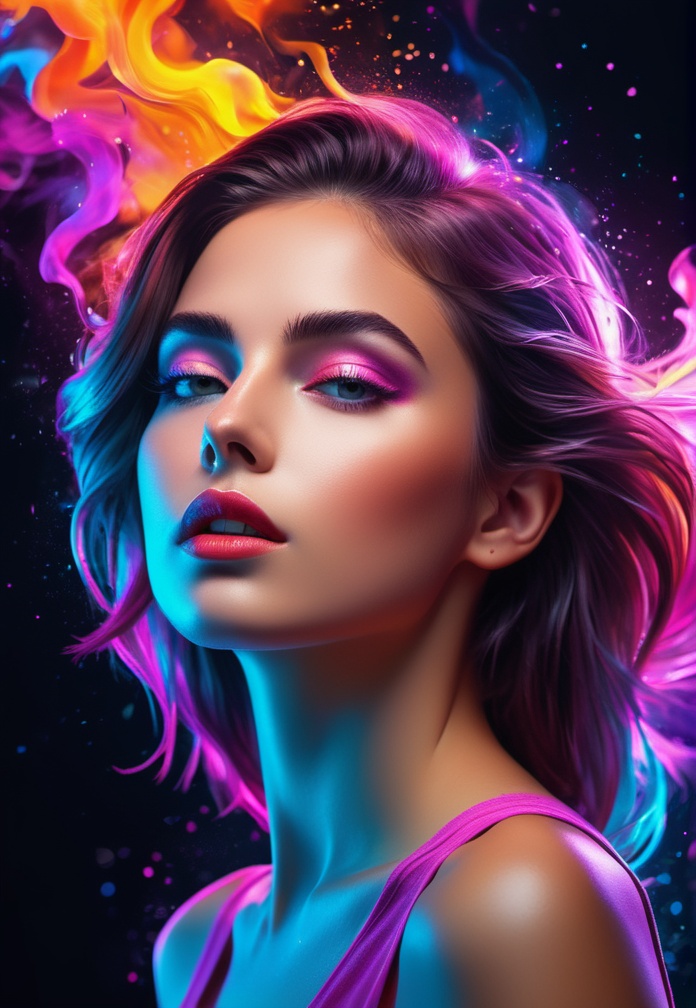 bold neon colors,  cartoon style illustration of a woman as she sees the world while experiencing hallucinations,  stoned...