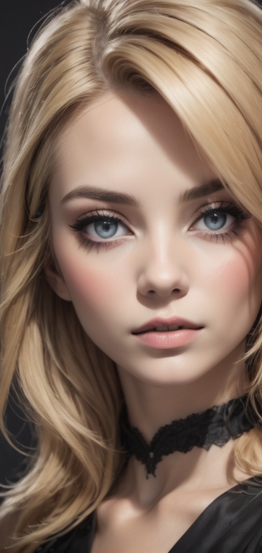 Create a monochrome portrait of beautiful blonde girl .close up hair covering eye,  dark make up,  nostalgic picture on Te...