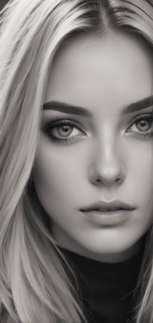 Create a monochrome portrait of beautiful blonde girl .close up hair covering eye,  dark make up,  nostalgic picture on Te...