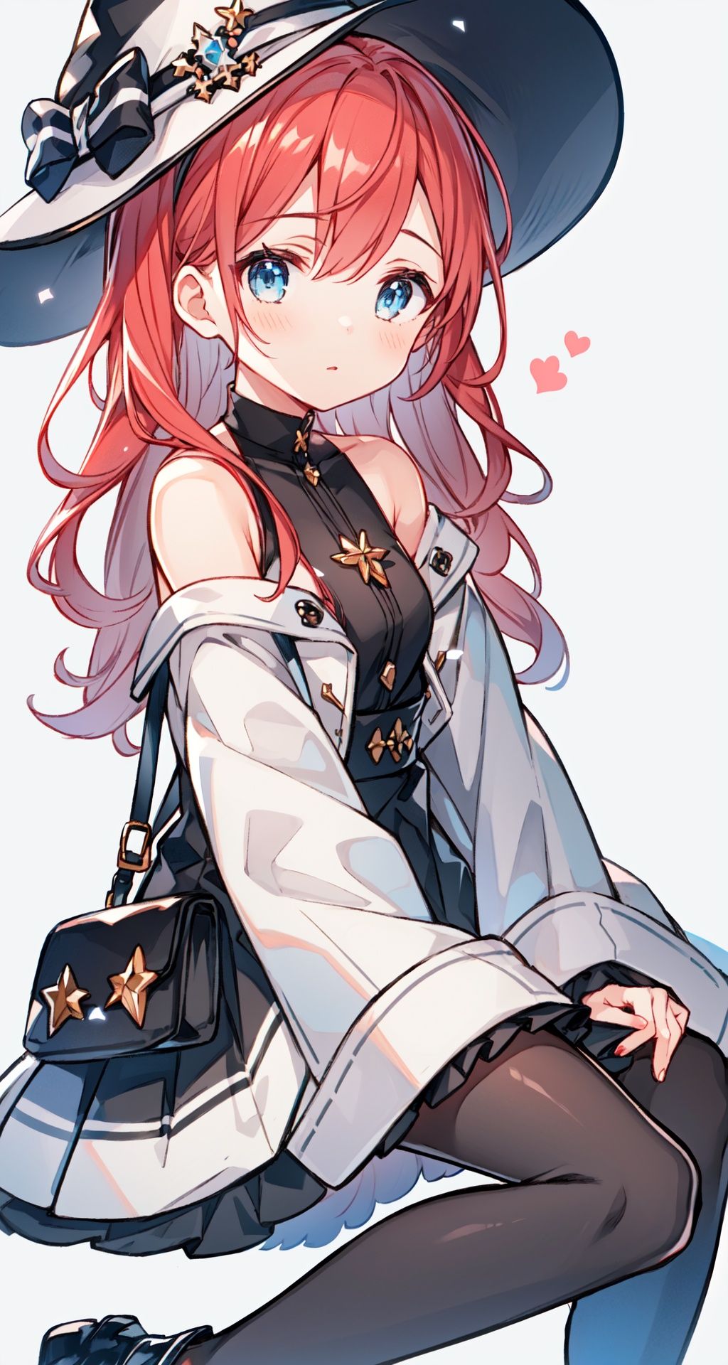 1girl, bangs, bare shoulders, black footwear, black legwear, blue eyes, grey background,long sleeves, looking at viewer, puffy sleeves, red hair, shoes, solo,white jacket,white witch hat,