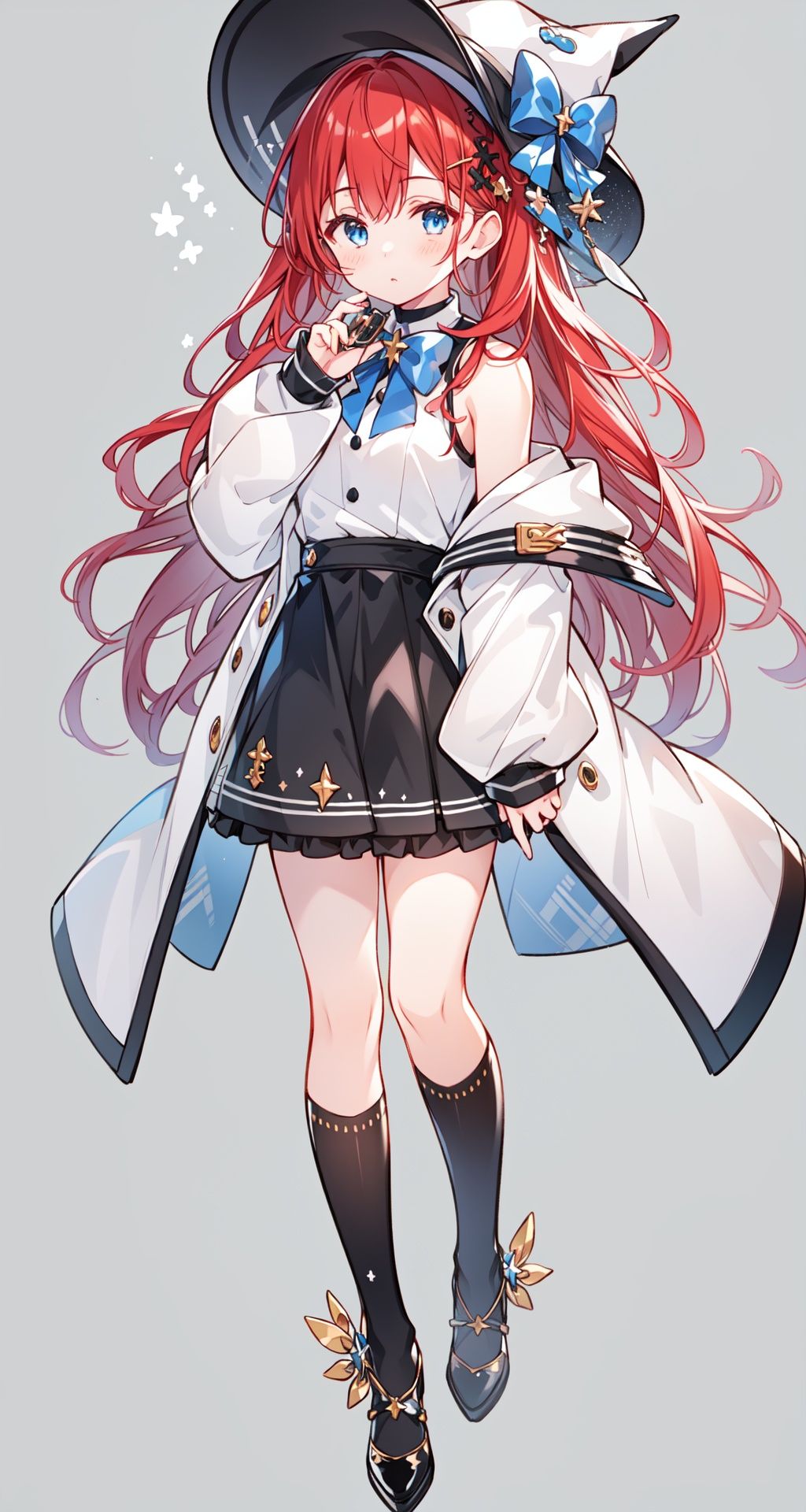 1girl, bangs, bare shoulders, black footwear, black legwear, blue eyes, grey background,long sleeves, looking at viewer, puffy sleeves, red hair, shoes, solo,white jacket,white witch hat,