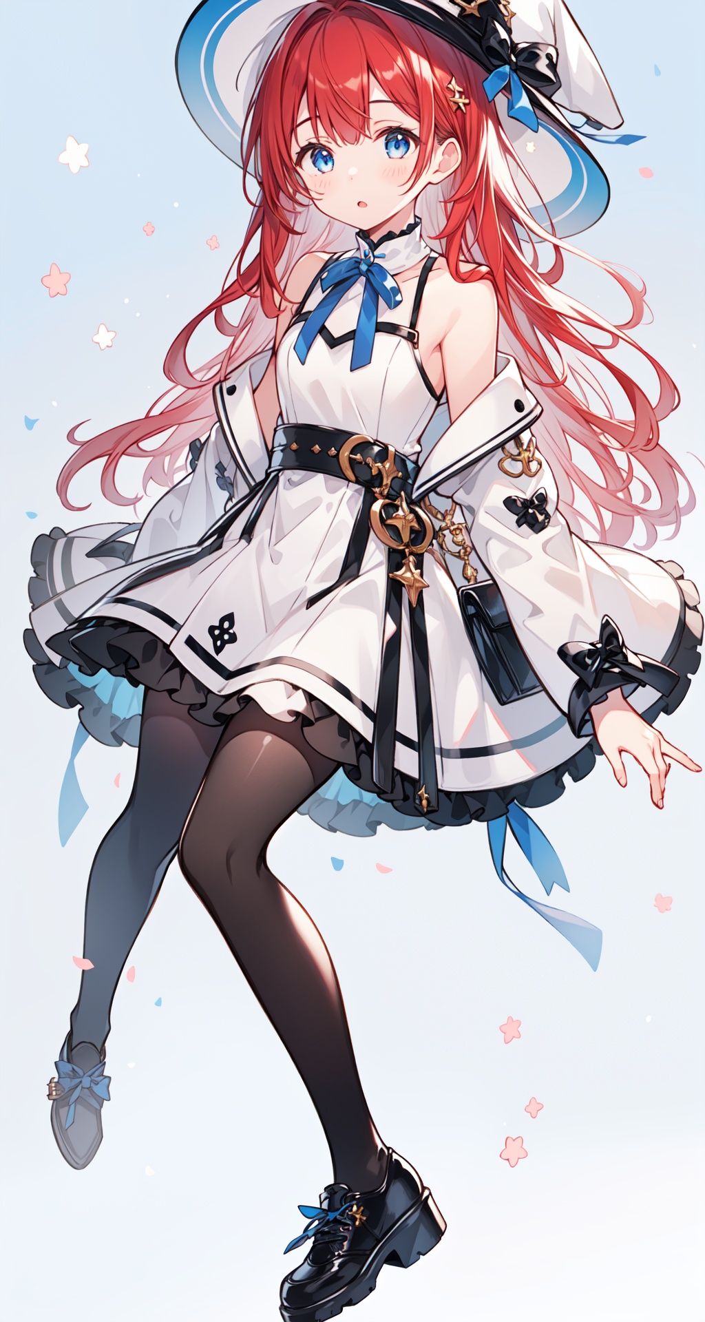 1girl, bangs, bare shoulders, black footwear, black legwear, blue eyes, grey background,long sleeves, looking at viewer, puffy sleeves, red hair, shoes, solo,white jacket,white witch hat,