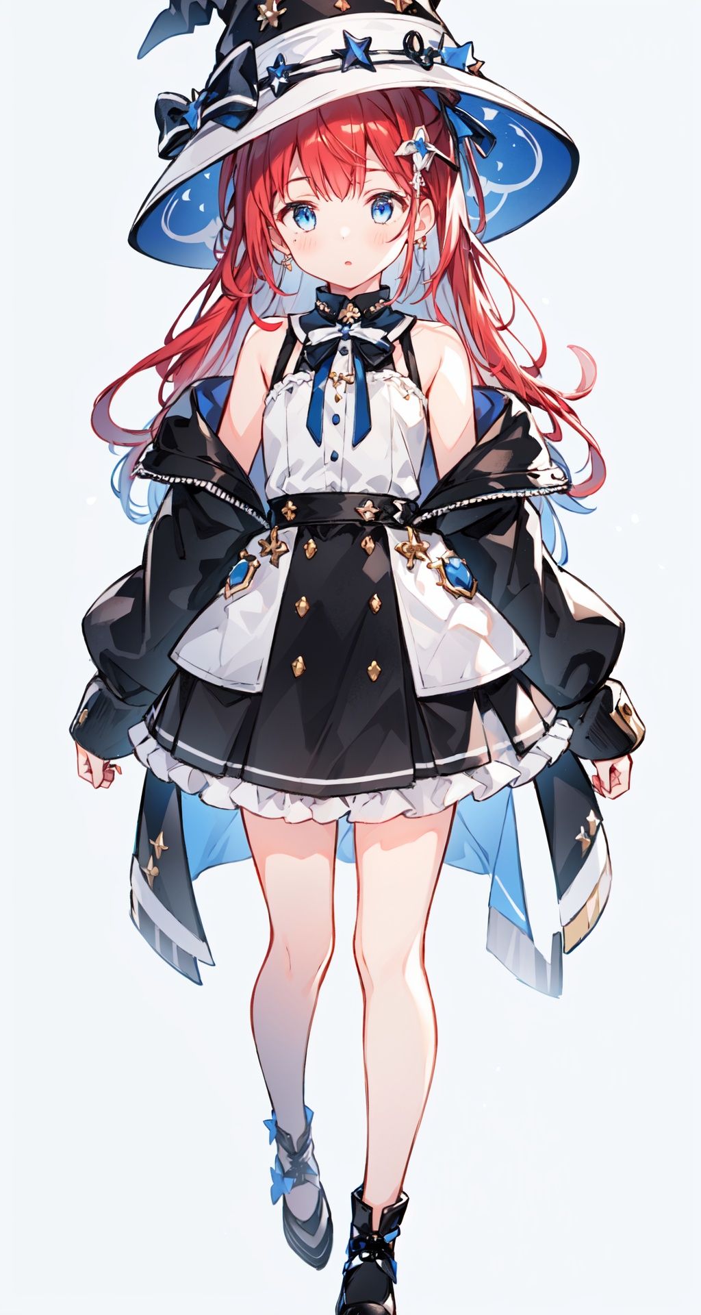 1girl, bangs, bare shoulders, black footwear, black legwear, blue eyes, grey background,long sleeves, looking at viewer, puffy sleeves, red hair, shoes, solo,white jacket,white witch hat,