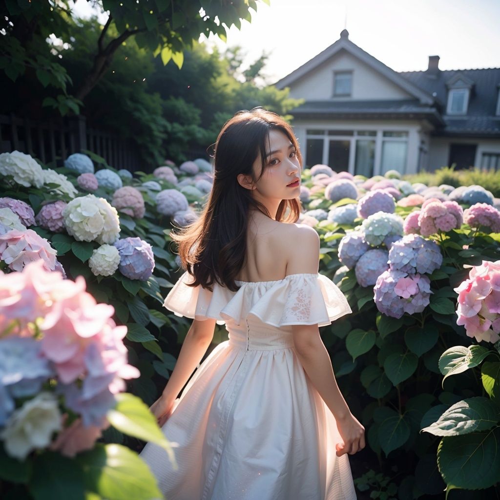 1girl,off shoulder dress,outdoors,mottled sunlight,<lora:踏山听海【绣球花hydrangea flower】:0.8>,hydrangea flowers field,photoparticle,refracted light,light particles,sparkle,backlighting,