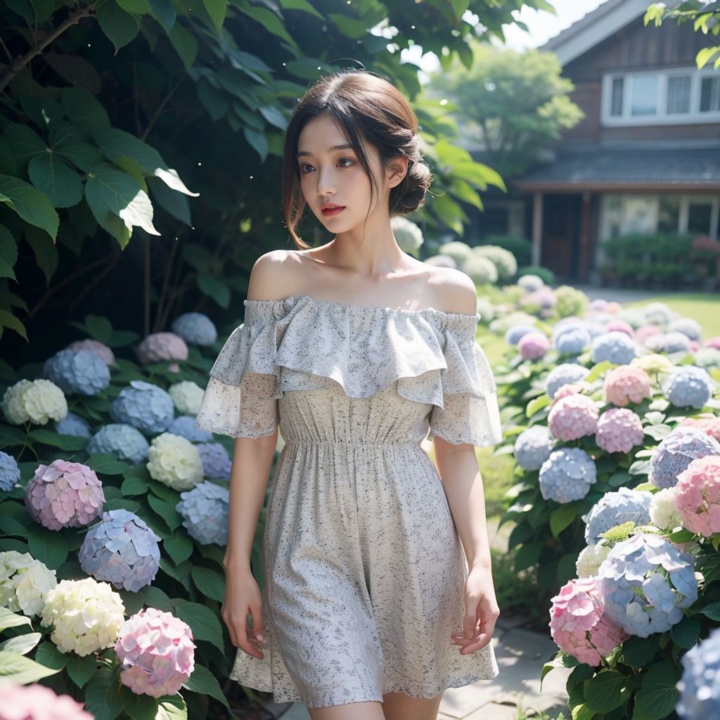 1girl,off shoulder dress,outdoors,mottled sunlight,<lora:踏山听海【绣球花hydrangea flower】:0.8>,hydrangea flowers field,