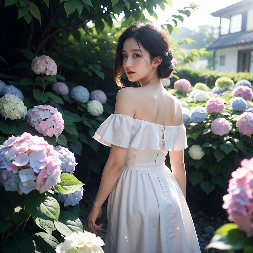 1girl,off shoulder dress,outdoors,mottled sunlight,<lora:踏山听海【绣球花hydrangea flower】:0.8>,hydrangea flowers field,photoparticle,refracted light,light particles,sparkle,backlighting,