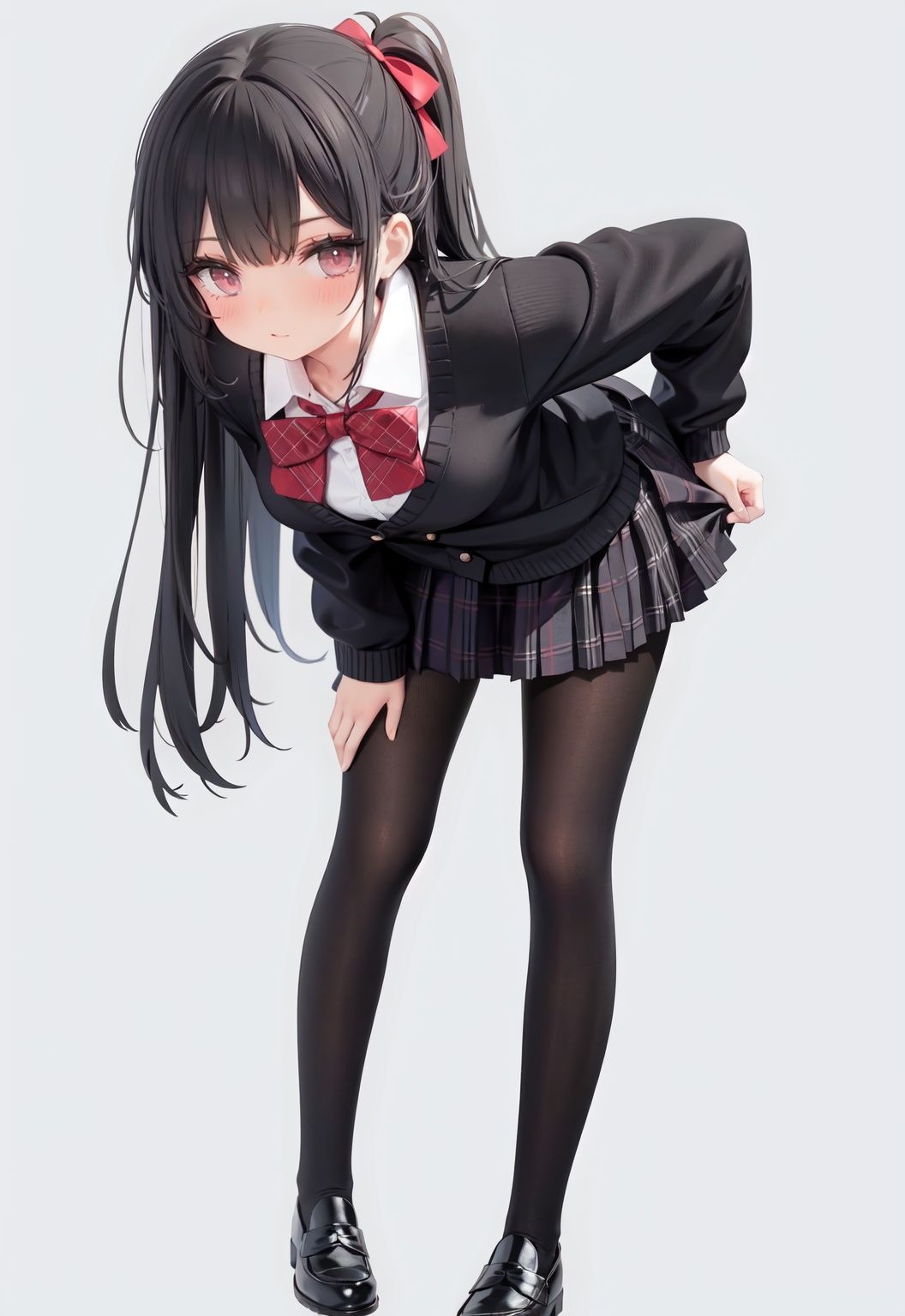  1girl, solo, pantyhose, skirt, long hair, loafers, shoes, simple background, school uniform, brown eyes, plaid, black pantyhose, plaid skirt, looking at viewer, black hair, pantyhose pull, full body, clothes pull, black footwear, pleated skirt, leaning forward, bangs, long sleeves, bent over, cardigan, bow, bowtie, standing, closed mouth, pulled by self, grey background, blush, miniskirt, red bow, sweater, **********