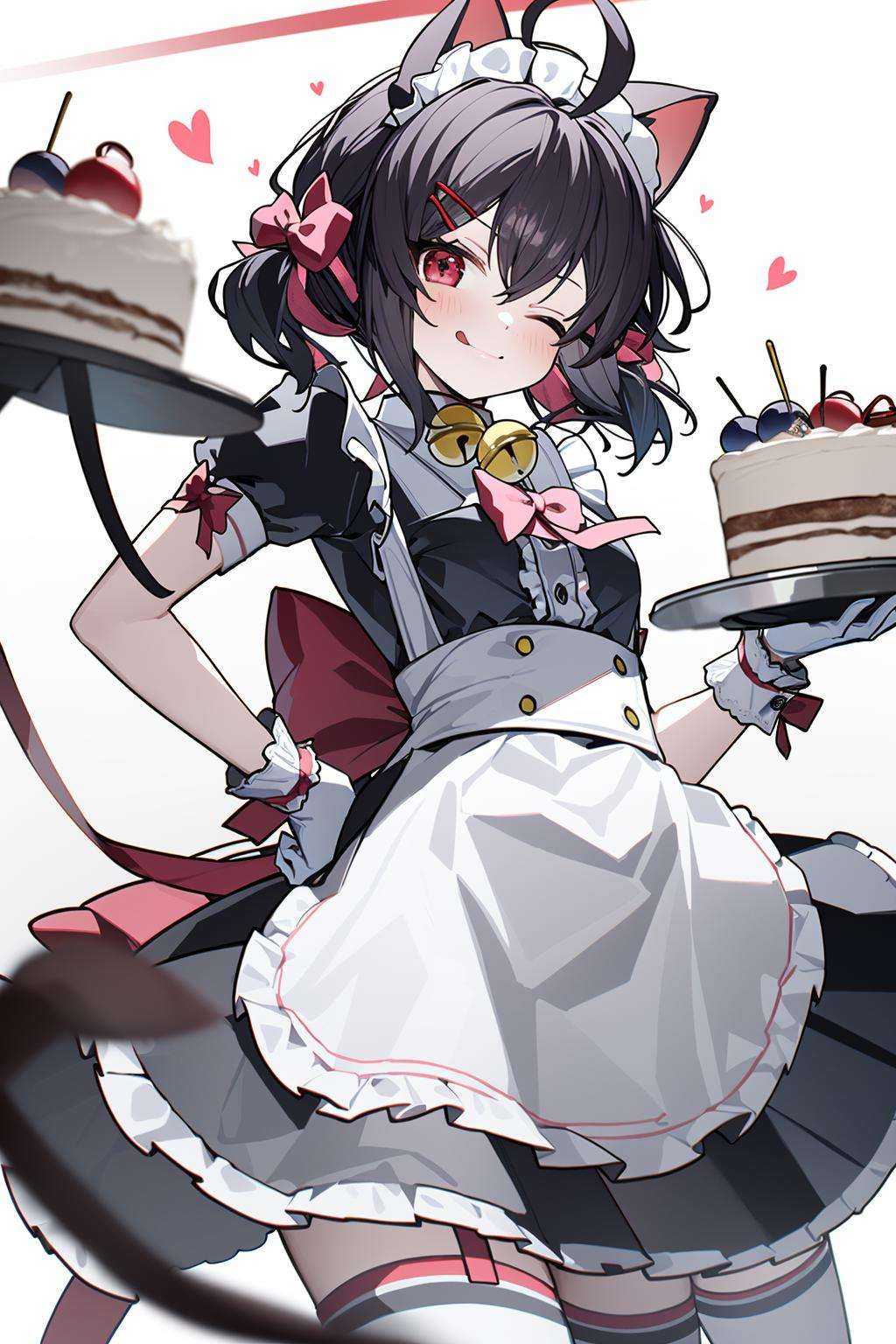 (masterpiece:1.2),best quality,PIXIV,Energetic girl,1girl, animal ears, solo, one eye closed, food, cat ears, tail, bow, tongue out, apron, tongue, cat tail, bell, maid, maid headdress, holding, short sleeves, dress, red eyes, hand on hip, cat girl, ahoge, frills, white background, looking at viewer, cake, hair ornament, black dress, black hair, twintails, white apron, heart, thighhighs, puffy sleeves, hair bow, neck bell, maid apron, white thighhighs, bangs, puffy short sleeves, simple background, pink bow, frilled apron, red bow, gloves, jingle bell, ribbon, short hair, smile, frilled dress, white gloves, hairclip, bowtie, short twintails, wrist cuffs, closed mouth, brown hair, blush, holding plate