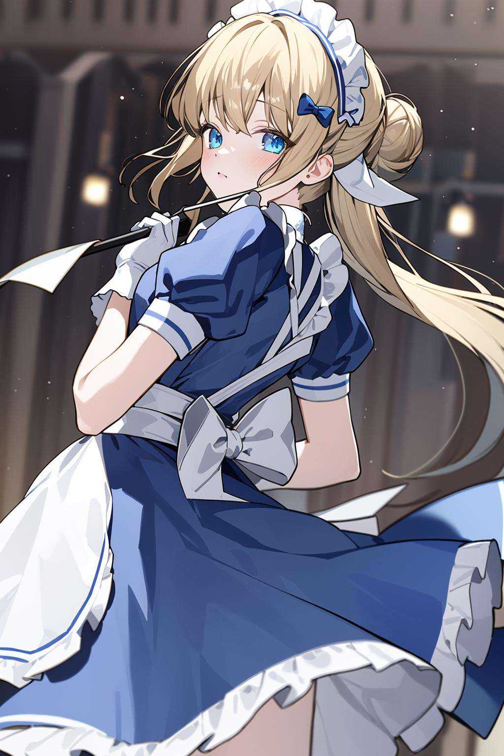 (masterpiece:1.2),best quality,PIXIV,Energetic girl,1girl,blonde hair,gloves,holding grapefruit,white gloves,blue eyes,short sleeves,maid,long hair,maid headdress,apron,bow,solo,blue dress,dress,frills,white bow,puffy sleeves,puffy short sleeves,hair bun,sidelocks,bangs,maid apron,blurry,single hair bun,character name,blurry background,back bow,cowboy shot,