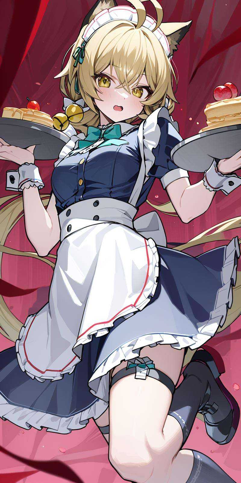 (masterpiece:1.2),best quality,PIXIV,Energetic girl,1girl,solo,bow,animal ears,blue bow,food,apron,blonde hair,maid,yellow eyes,long hair,short sleeves,dress,holding,bell,tail,hair bow,maid headdress,looking at viewer,ahoge,frills,puffy sleeves,black dress,socks,bangs,wrist cuffs,puffy short sleeves,pancake,open mouth,bowtie,maid apron,tray,blue bowtie,white apron,white background,standing on one leg,neck bell,frilled dress,holding tray,jingle bell,thigh strap,breasts,frilled apron,enmaided,fruit,shoes,kneehighs,fang,standing,hair between eyes,