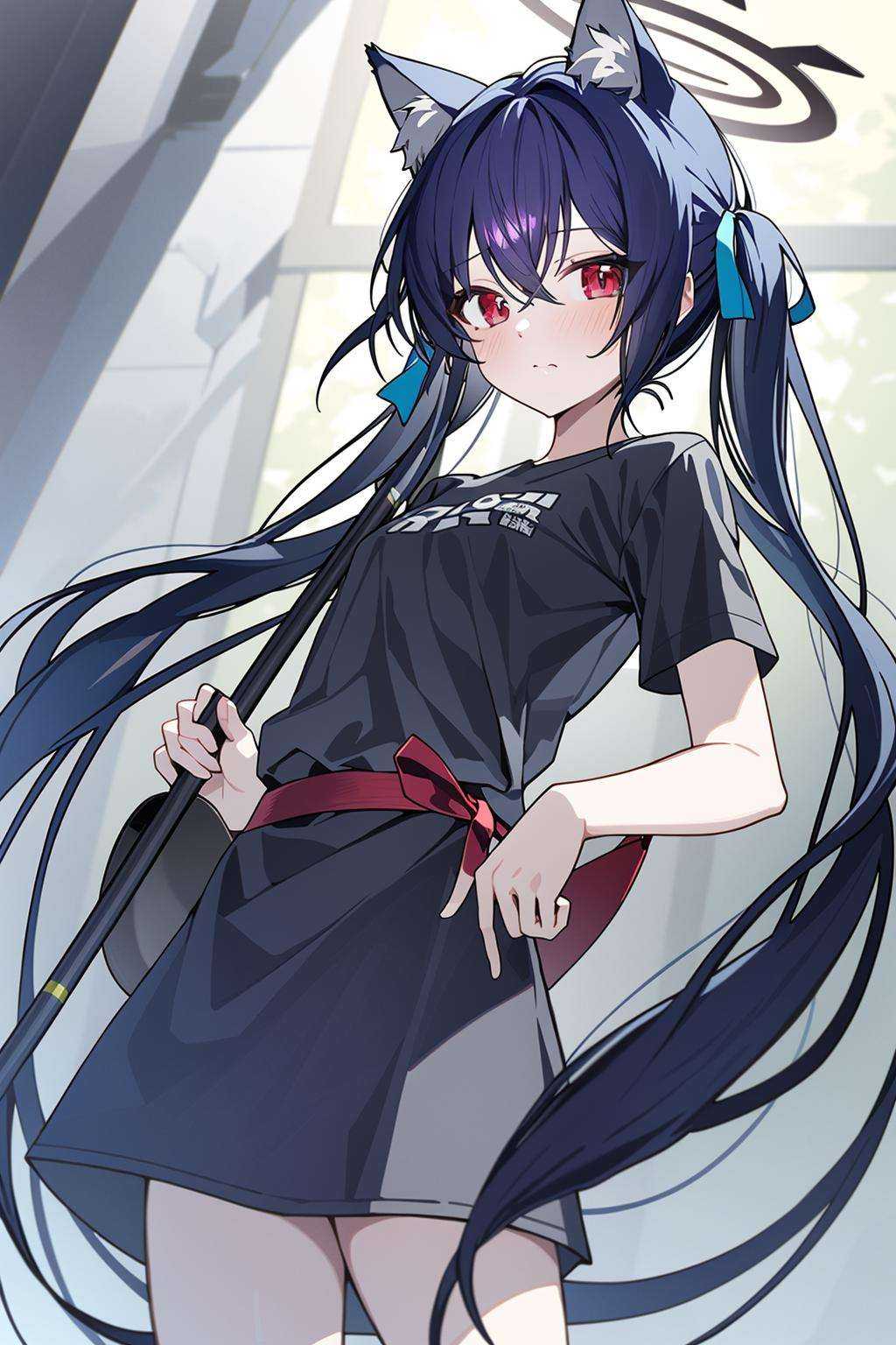 (masterpiece:1.2),best quality,PIXIV,Energetic girl,1girl,animal ears,solo,long hair,twintails,red eyes,black hair,skirt,halo,holding,short sleeves,animal ear fluff,cat ears,looking at viewer,shirt,blush,very long hair,black shirt,bangs,ribbon,hair ribbon,apron,hair between eyes,closed mouth,cowboy shot,blue skirt,