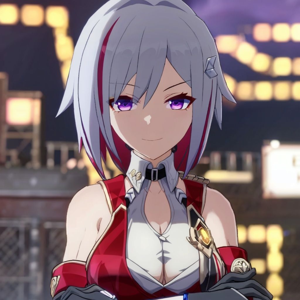 (anime:1.2) ,<lora:tuopaxl3-000008:0.8>tuopa, 1girl, breasts, solo, cleavage, smile, gloves, bare shoulders, multicolored hair, looking at viewer, purple eyes, upper body, elbow gloves, large breasts, hair ornament, black gloves, streaked hair, sleeveless, red hair, closed mouth, crossed arms, short hair, collarbone, blurry, arms under breasts, bokeh, cleavage cutout, hair between eyes, hairclip