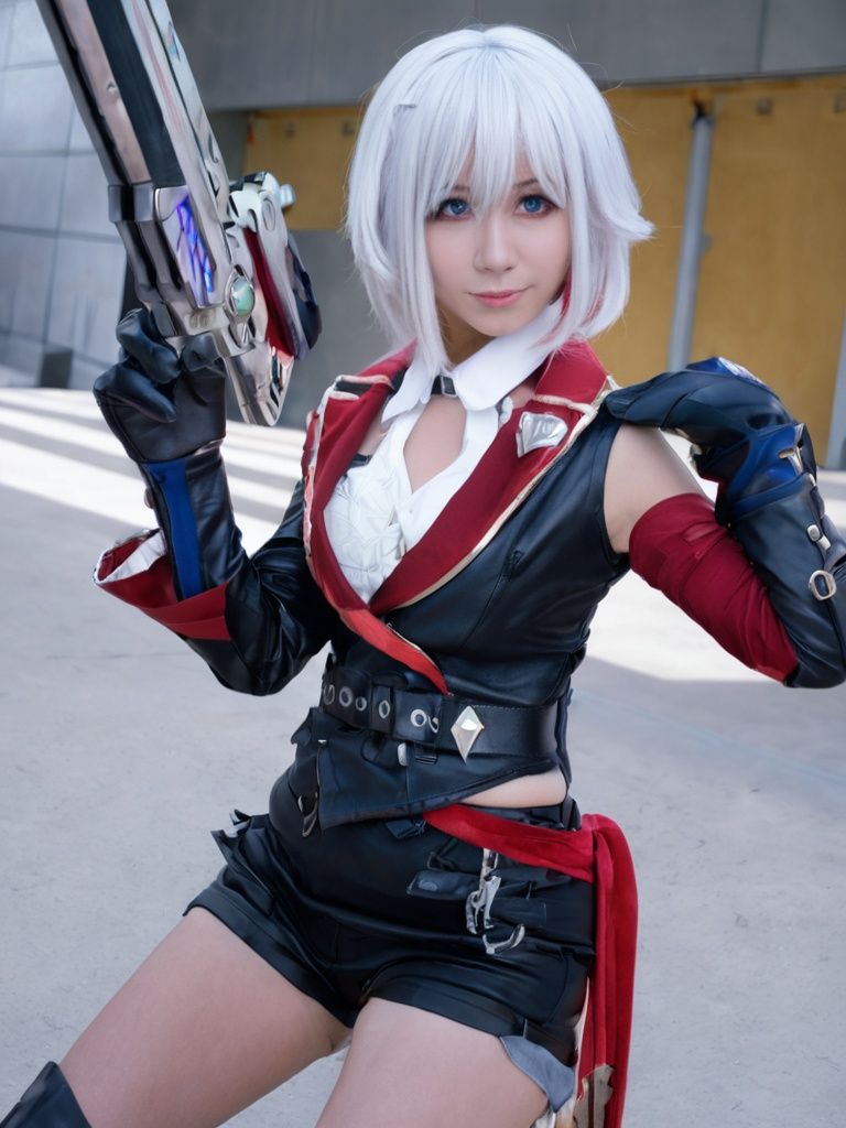 (realistic:1.2),<lora:tuopaxl3-000008:0.6>realistic, tuopa, 1girl, weapon, solo, gun,  gloves, blue eyes, jacket, white hair, looking at viewer, boots
