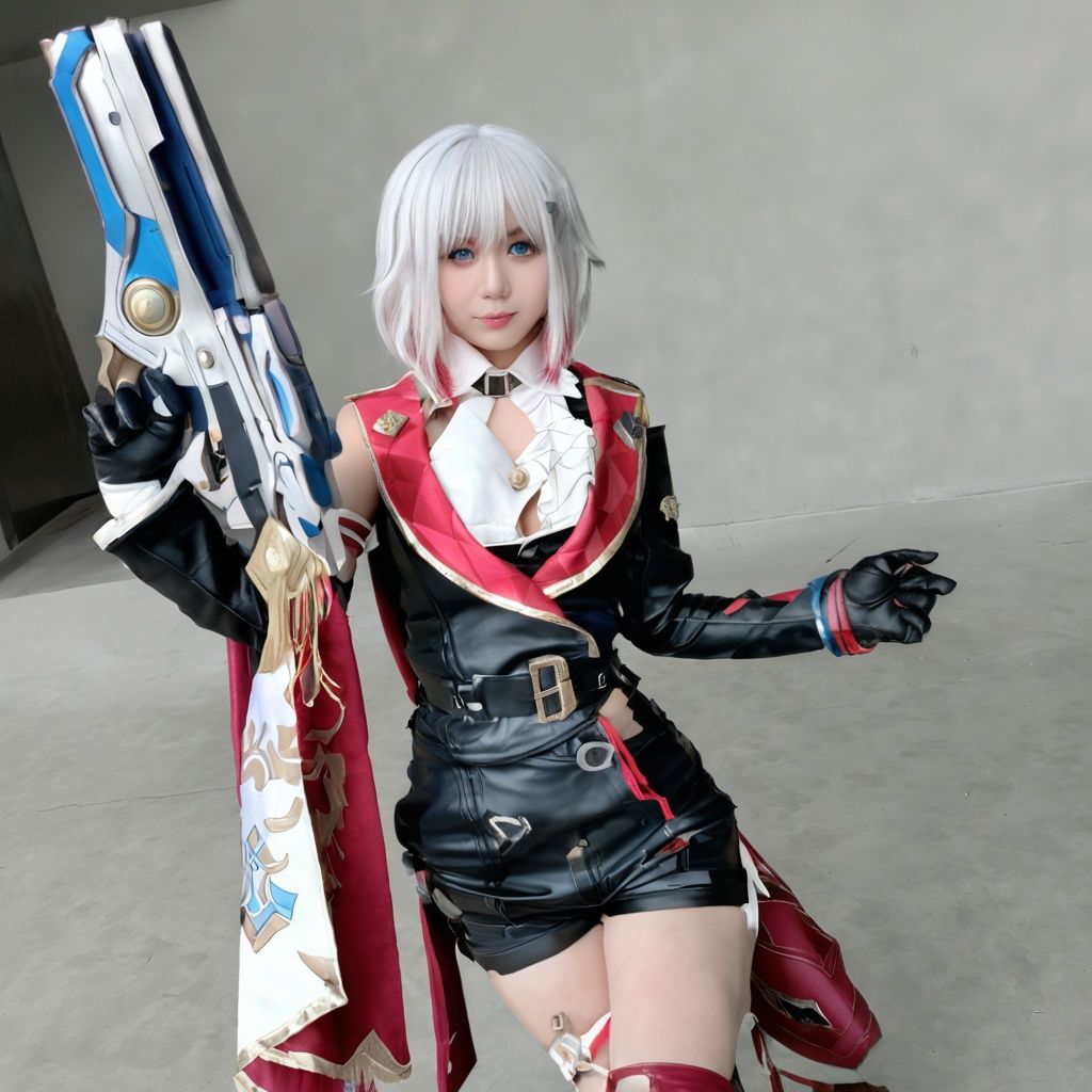 (realistic:1.2),<lora:tuopaxl3-000008:0.8>realistic, tuopa, 1girl, weapon, solo, gun,  gloves, blue eyes, jacket, white hair, looking at viewer, boots