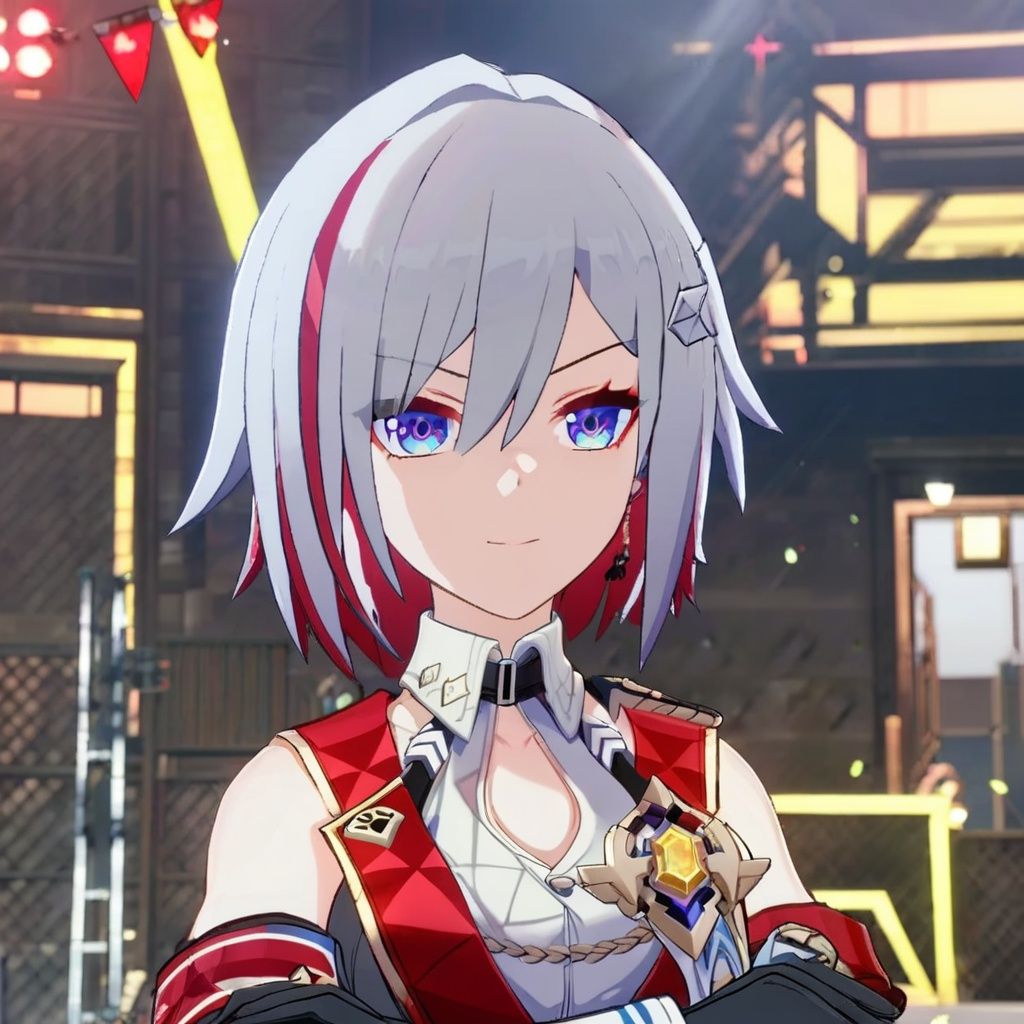 (anime:1.2) ,<lora:tuopaxl3-000008:1>uopa, 1girl, solo, blue eyes, multicolored hair, gloves, red hair, jewelry, earrings, looking at viewer, streaked hair, elbow gloves, upper body, hair ornament, black gloves, short hair, shirt, star hair ornament, bangs, white hair, closed mouth, white shirt, star \(symbol\), collared shirt, sleeveless