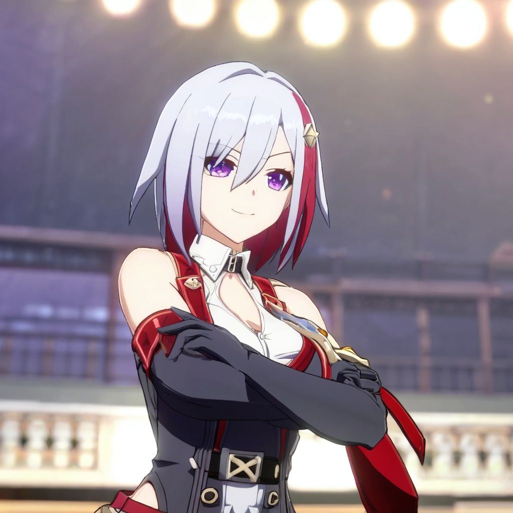 (anime:1.2) ,<lora:tuopaxl3-000008:0.7>tuopa, 1girl, breasts, solo, cleavage, smile, gloves, bare shoulders, multicolored hair, looking at viewer, purple eyes, upper body, elbow gloves, large breasts, hair ornament, black gloves, streaked hair, sleeveless, red hair, closed mouth, crossed arms, short hair, collarbone, blurry, arms under breasts, bokeh, cleavage cutout, hair between eyes, hairclip