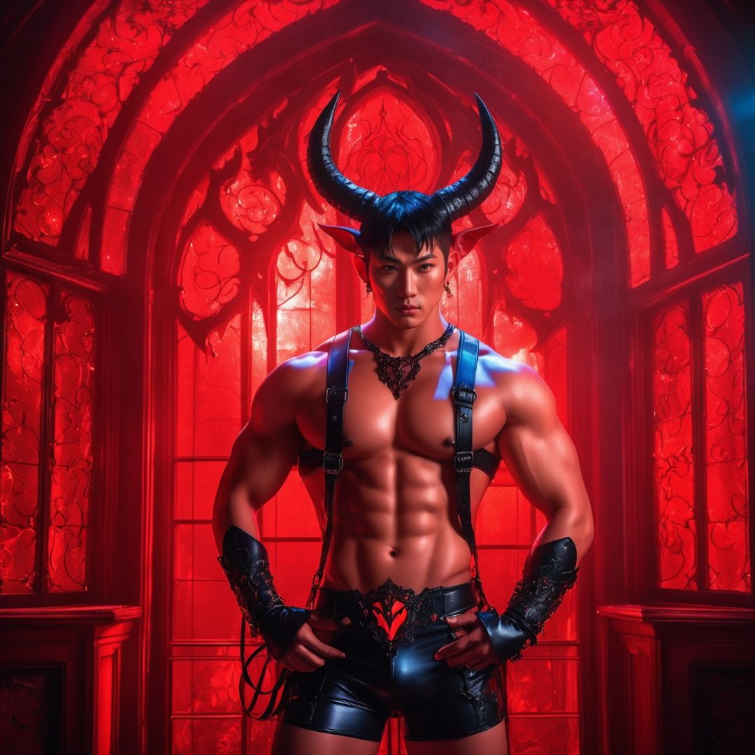 1boy,Asian,bara,gorgeous muscular red devil,black ornate codpiece,red shiny skin,harness,giant horns,neon red gothic mansion interior,Evil spirits,Red light,Leather underwear,Uplift,cinematic lighting,Transparent window,textured skin,super detail,best quality,