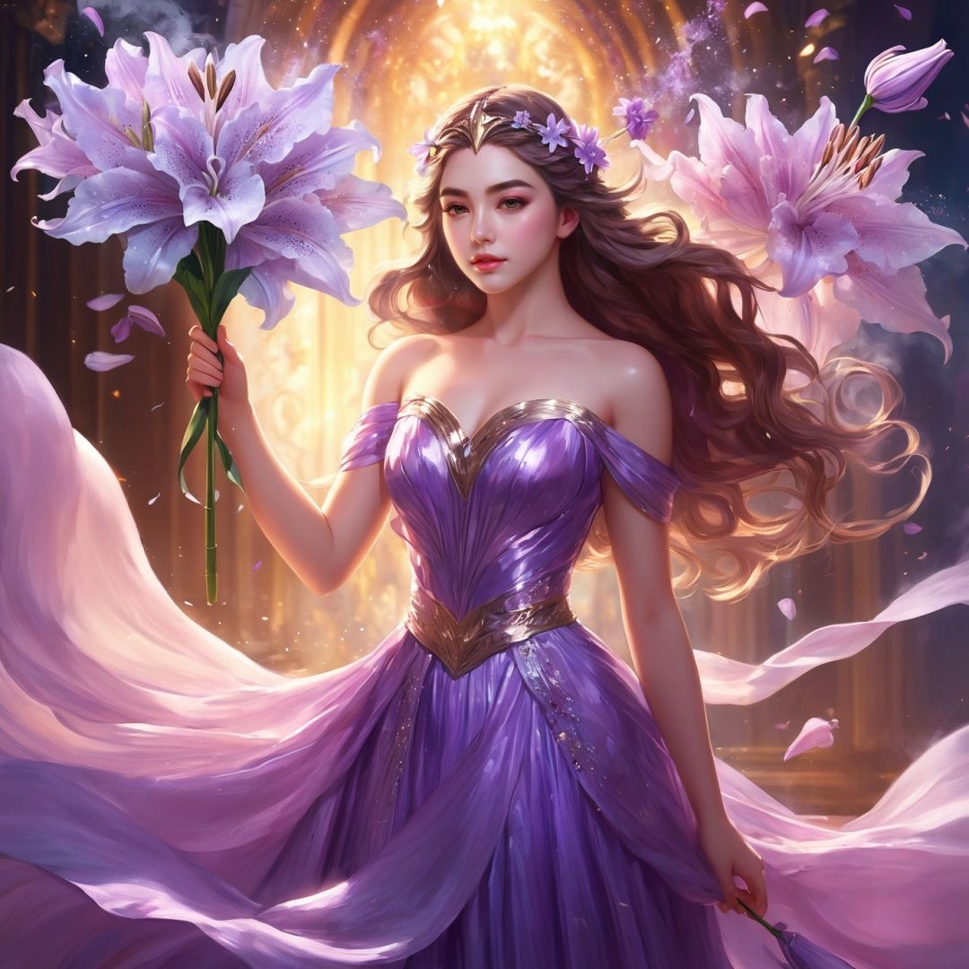 Bestquality,masterpiece,1girl,beautiful_face,eyebrows_visible_through_hair,lily_\(flower\),dress,holding_flower,from_side,sparkling dress,Giant clove flower,Lilac flower,Lilac flower,Giant flowers,flowing skirts,(smoke),Asgard,